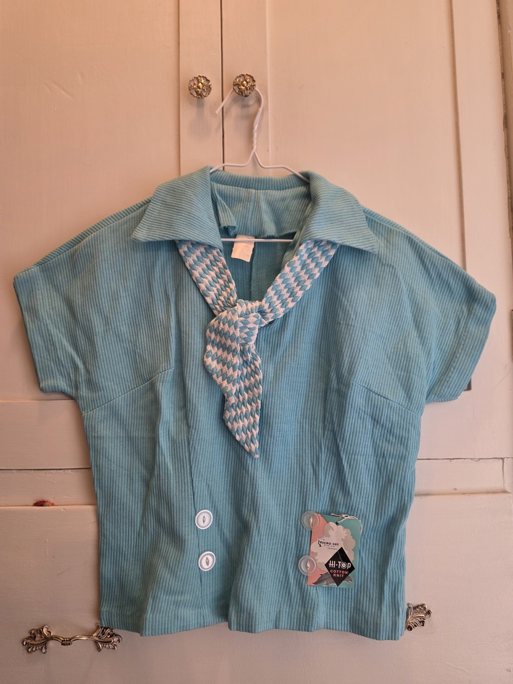 Light Blue Short-Sleeve Collared Top with Knit Scarf Attached Under Collar
